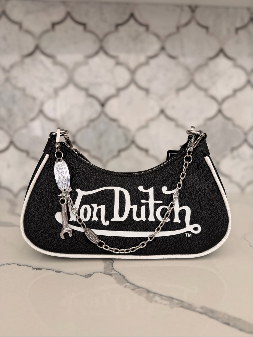 Von Dutch Black Mini Shoulder Bag with White Trim and Silver Chain Charm